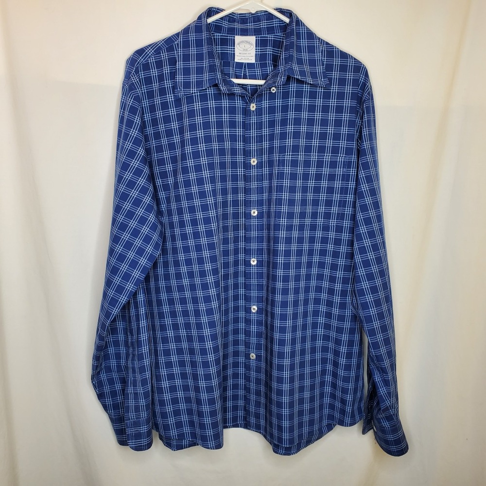 Brooks Brothers Regent Fit Plaid Button Down Dress Shirt Men's Large Blue